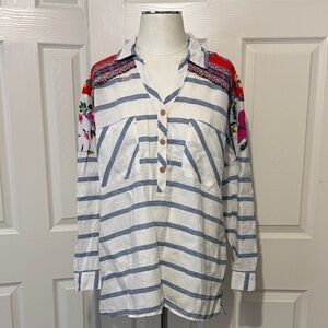 John Mark Top Stripe Linen Mixed Print Embroidered Tunic Lightweight Boho